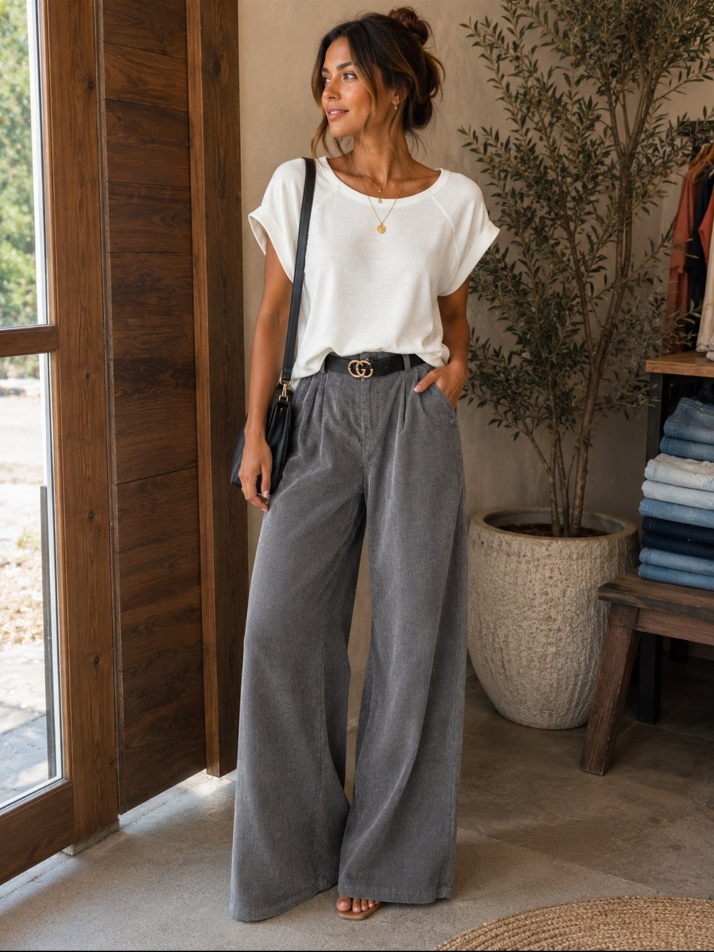 MADE IN ITALY High-Waist Wide Leg Corduroy Pants - Gray